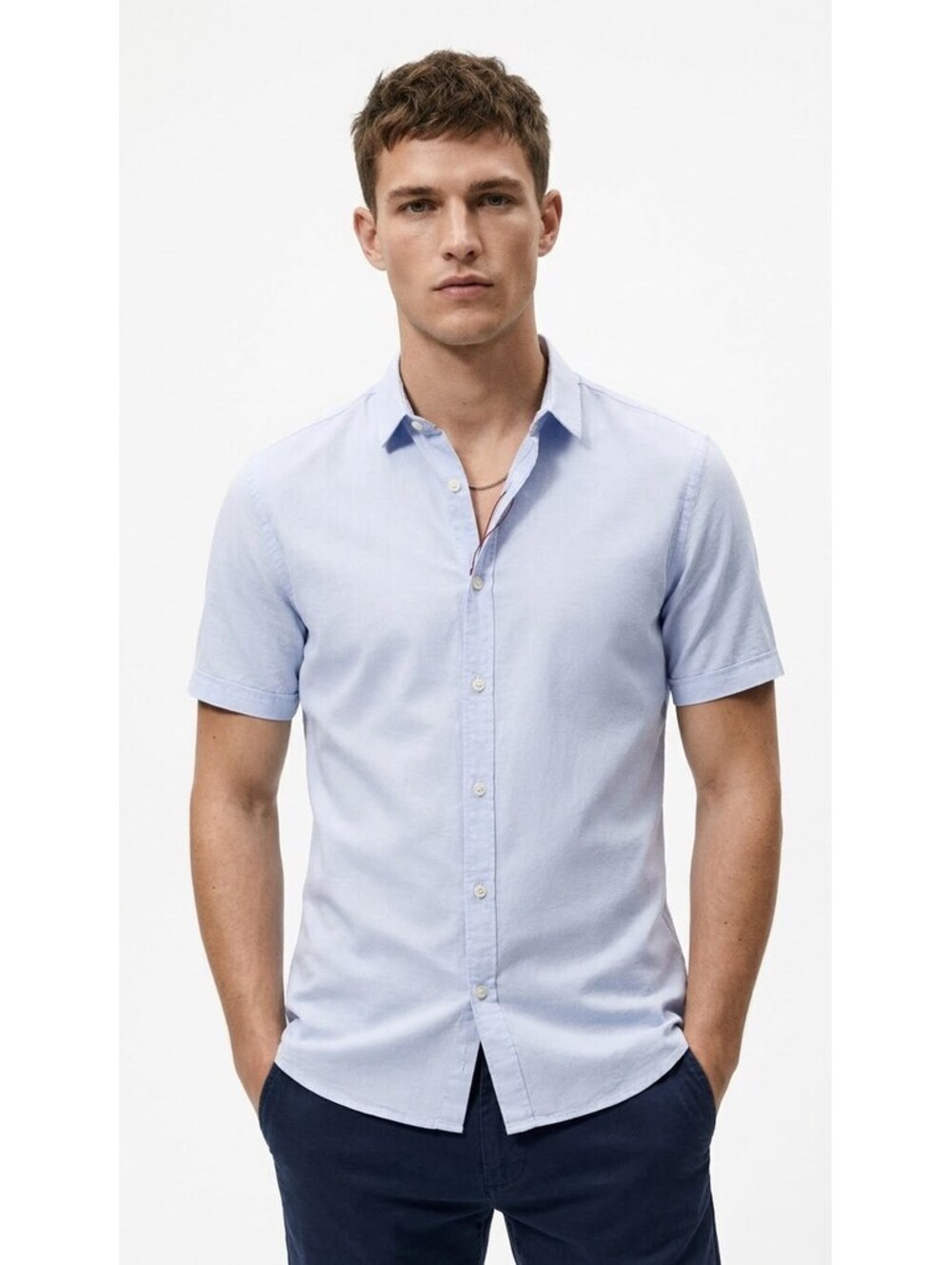 Zara Man Basic Slim Fit Light Blue Short Sleeve Shirt
